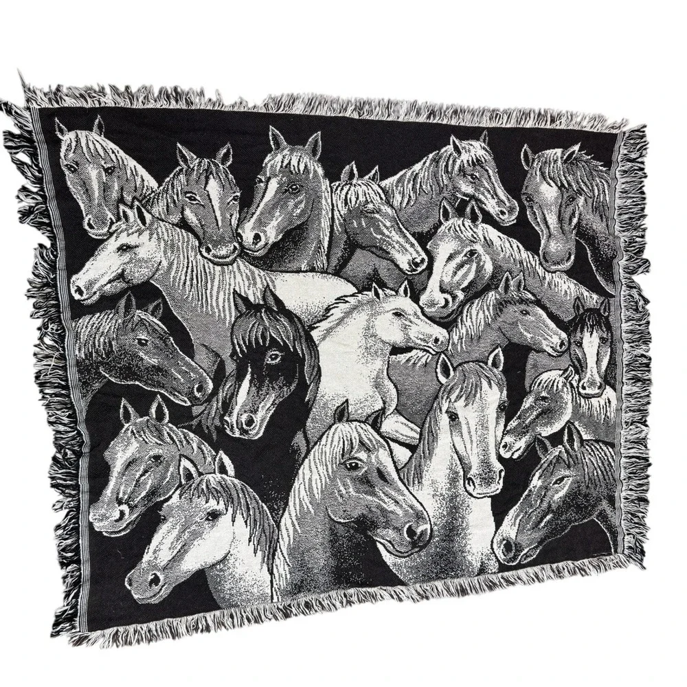 Vintage Woven Horse Tapestry Throw Blanket Fringed Black White 47x40 Equestrian